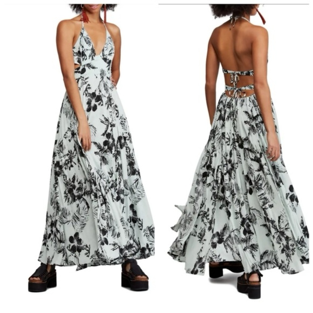 Free People Blue Black Floral Halter Backless Maxi Dress Tie Back Size Small